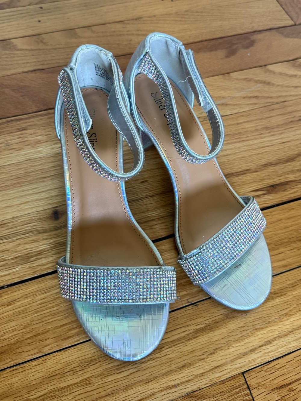 Silver Rhinestone Block Heel Shoes